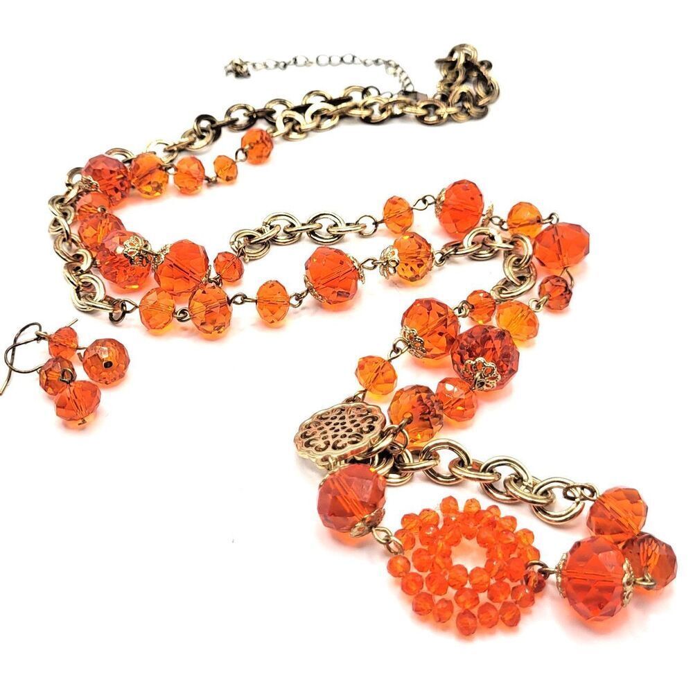 Vintage Estate 1970s Orange Chunky Long Strand Necklace Earrings Demi Parure set